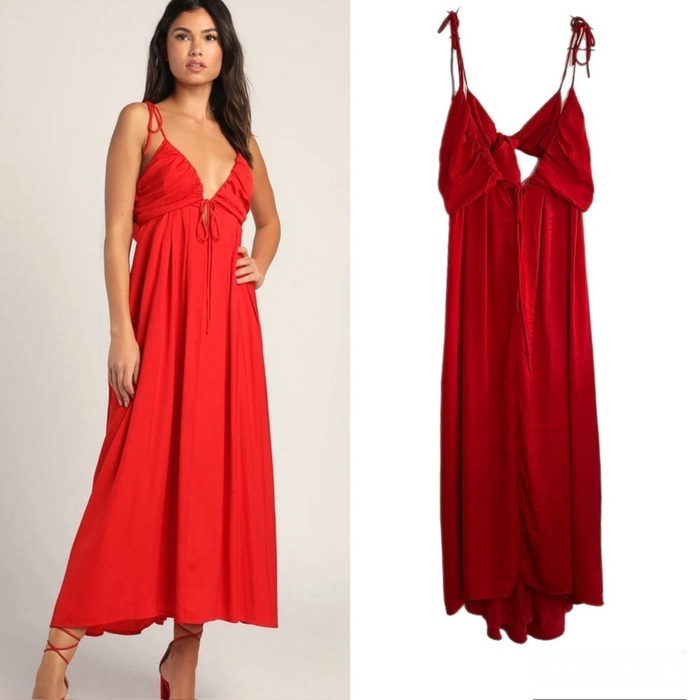 Lulu's Confidence Check Red Satin Cutout Tie Back Maxi Strappy Maxi Dress